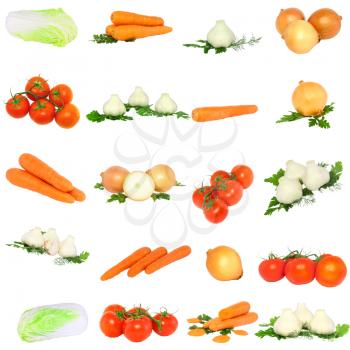 Collage of vegetables - tomato, onions, garlic, carrots and potato. Isolated