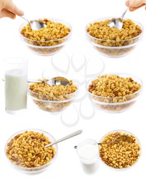 Collection,set of glass bowl of cold cereal flakes.Isolated