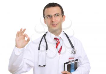   Friedly caucasian  doctor show gesture OK! Isolated over white.