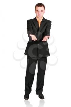 Cheerful businessman show empty hands. Isolated over white