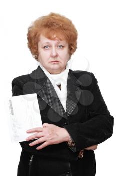 Senior lady standing with apartament rent bill. Isolated over white.
