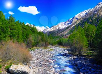 View of the mountains and river into the valley. Elbrus area. Europe