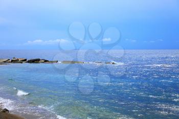Landscape of cloudy day on Black Sea beach. Crimea, Ukraine