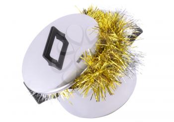 Funny Christmas and New Year-tinsel in  saucepan. Isolated over white