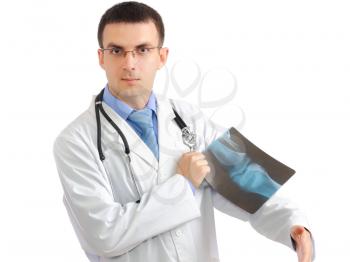 Friendly medical doctor stand in playful position with x-ray image . Isolated