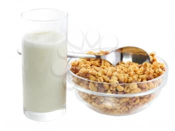 Fragment of milk's glasses with bowl cold cereal flakes. Isolated