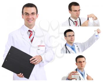 Set (collage) of young doctor in Hospital.Isolated over white