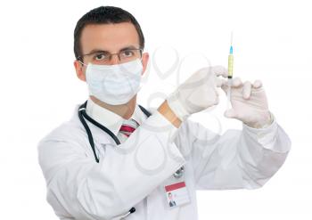  Doctor with  full syringe medication. Isolated over white