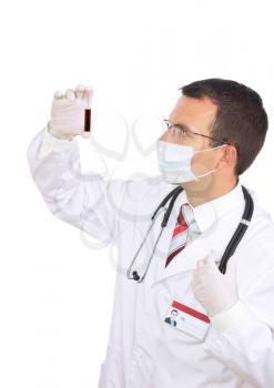 Doctor  resarch a medical test glass with blood . Isolated over white