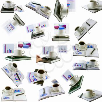 Business collage, collection-coffee cup, standing on the organizer. Isolated