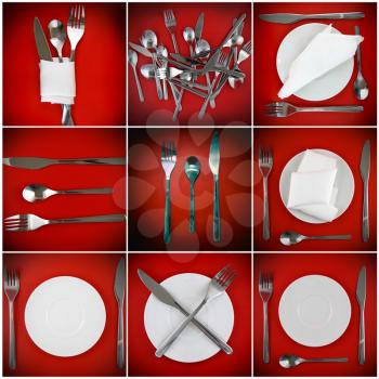 Composition of forks, knifes, spoons on red background.
