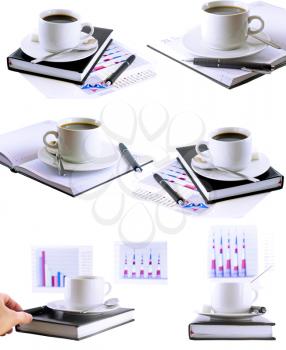Business collage, collection-coffee cup, standing on the organizer. Isolated