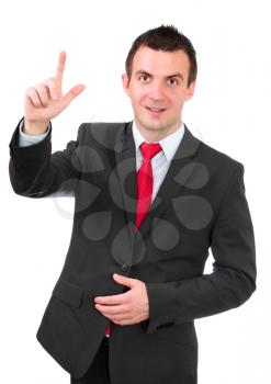Cheerful businessman show I have IDEA!. Isolated over white