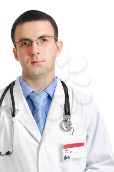 Portrait of medical doctor with phonendoscope. Isolated over white