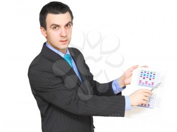 Businessman show on stock exchange diagrams. Isolated over white
