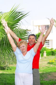 Elderly couple near the palm-tree with hands-up.