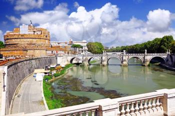 Castle Sant Angelo and bridge on Tiber , Rome, Italy.