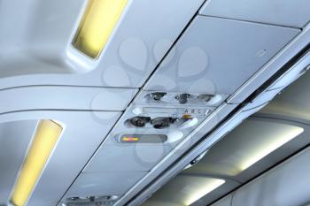 Fragment of   interior view of modern Airplane. International line.
