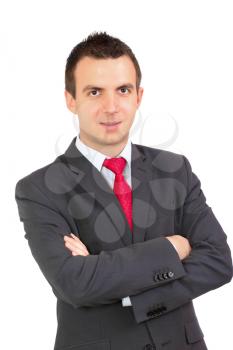 Caucasian businessman with crossed arms. Isolated over white