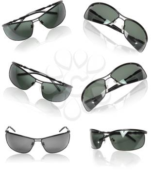 Collection (set) of black men sunglasses isolated on white background.
