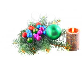 Christmas and New Year decoration- balls, tinsel, candels. Isolated on the white background