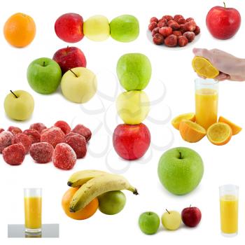 Collaje of fruits, juce. Isolated over white