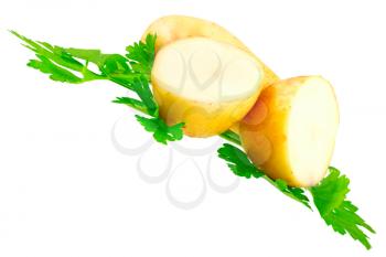 Young potatoes, decorating of parsley . Isolated over white