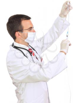 Doctor attach syringe medication to (medicine) dropper. Isolated