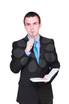 Cheerful  businessman with organizer and pen. Isolated  over white
