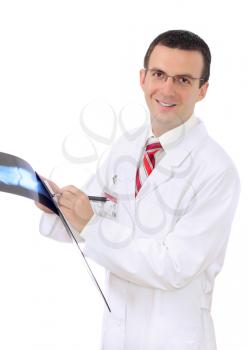 Friendly medical doctor stand with a x-ray image and medical pad. Isolated
