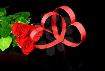 St. Valentine Day. Intertwining of two hearts, on black background with red roses.