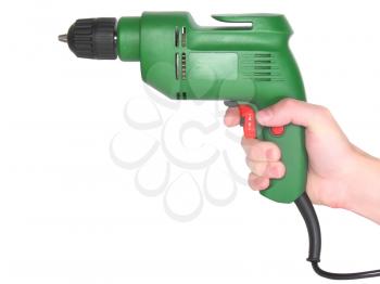 Electric drill in a hand isolated on white background