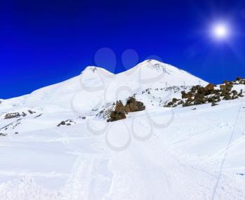 Beautiful view of mountaint Elbrus, - highest peak of Europe