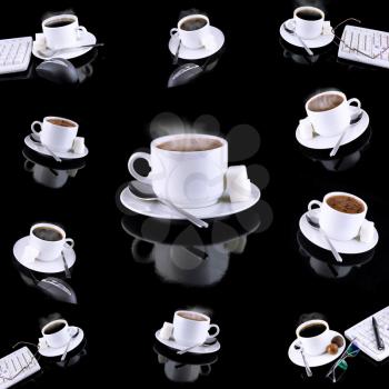 Collage (collection) of various coffee cups with coffee.