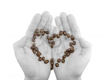 Coffee in black -white hands. Coffee beans in view of heart. Isolated on white.