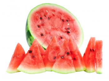 Half of watermelon with juicy slice, isolated on white.