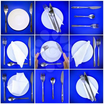 Composition of forks, knifes, spoons ,plates, on blue background.
