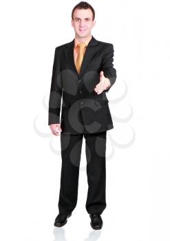 Cheerful businessman ready for handshake. Isolated over white.