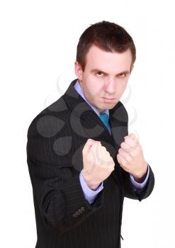 Angry  businessman in boxer position. Isolated over white