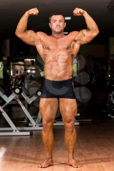 muscular body builder showing his front double biceps