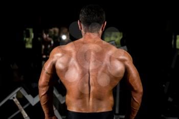 muscular bodybuilder showing back lat spread