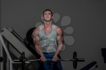 young bodybuilder doing heavy weight exercise for biceps with barbell