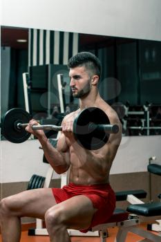 Men In The Gym Performing Biceps Curls With A Barbell