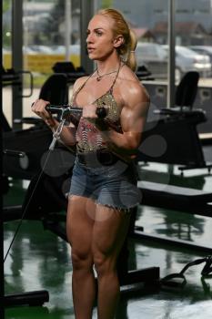 Female Bodybuilder Doing Heavy Weight Exercise For Biceps