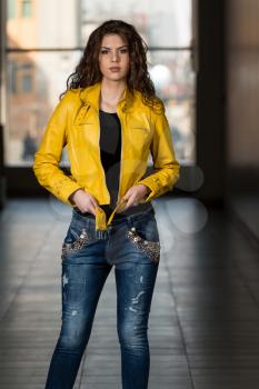 Model Wearing Yellow Leather Jacket
