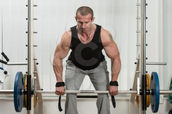 Healthy Male Doing Back Exercises In The Gym With Barbell