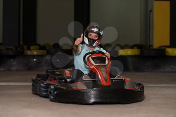 Young Man Is Holding Cup Speed Karting Race