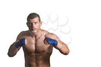 Muscular Boxer MMA Fighter Practice His Skills - Isolated On White Background