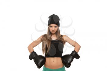 Young Muscular Sports Girl In Boxing Gloves - Isolated On White Background