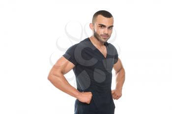 Black T Shirt On A Young Man Template On White Background